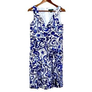 Lauren Ralph Lauren Paisley Floral Blue White Sleeveless Midi Dress Size 10